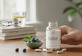 A bottle of magnesium glycinate supplements is shown on a table, with a hand reaching for it.