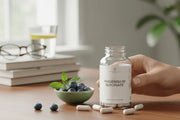 A bottle of magnesium glycinate supplements is shown on a table, with a hand reaching for it.