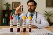 Blood test vials labeled for PCOS, hormonal, and vitamin analysis arranged on a lab desk in a Pakistani clinical setting, showing diagnostics for PCOS management.