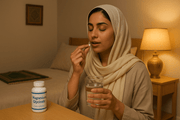 Pakistani woman taking magnesium glycinate tablet for sleep benefits at home