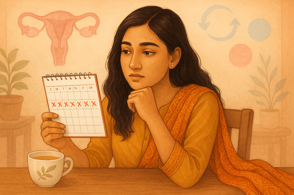 Pakistani woman tracking her menstrual cycle for PCOS awareness and ovulation timing.
