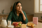 Pakistani woman considering dairy and PCOS supplements at home table for symptom management