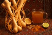 Illustration of healthy strong bones supported by collagen fibers, with motifs of Pakistani culture and nutritional elements, representing holistic bone health.