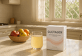 Glotagen collagen powder and drink on a Pakistani kitchen counter, highlighting collagen benefits for skin, hair, and joint health.