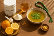 A vibrant flat-lay of collagen powder, traditional yakhni soup, citrus, and vitamins highlighting collagen benefits and Pakistani health trends.