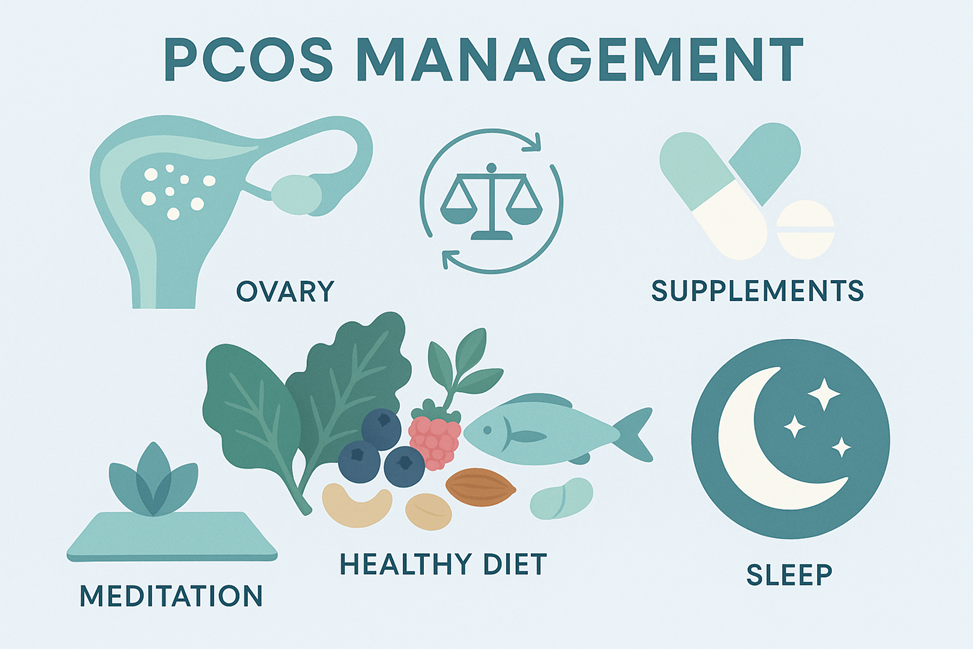 Natural PCOS treatment infographic showing ovary diagram, anti-inflammatory foods, supplements, and lifestyle elements for hormonal balance and symptom management