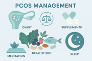 Natural PCOS treatment infographic showing ovary diagram, anti-inflammatory foods, supplements, and lifestyle elements for hormonal balance and symptom management