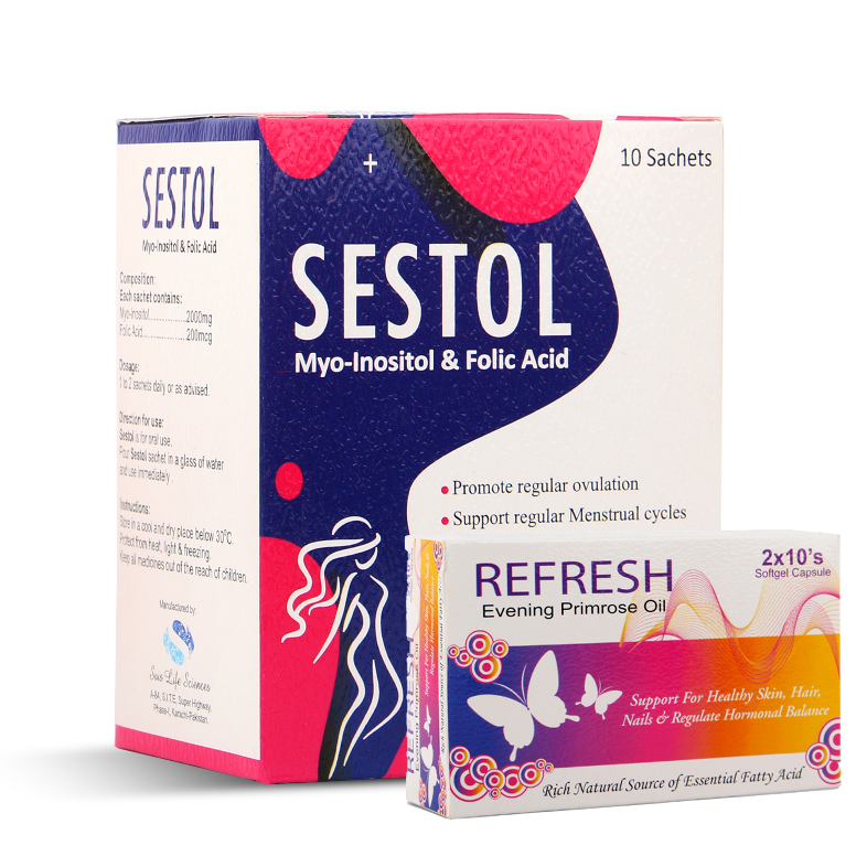 Packaging of Sestol Myo-Inositol & Folic Acid softgels and Refresh Evening Primrose Oil softgels for PCOS support and radiant wellness.