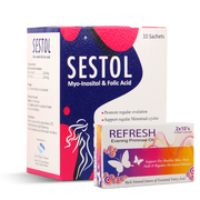 Packaging of Sestol Myo-Inositol & Folic Acid softgels and Refresh Evening Primrose Oil softgels for PCOS support and radiant wellness.
