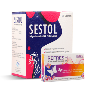 Packaging of Sestol Myo-Inositol & Folic Acid softgels and Refresh Evening Primrose Oil softgels for PCOS support and radiant wellness.