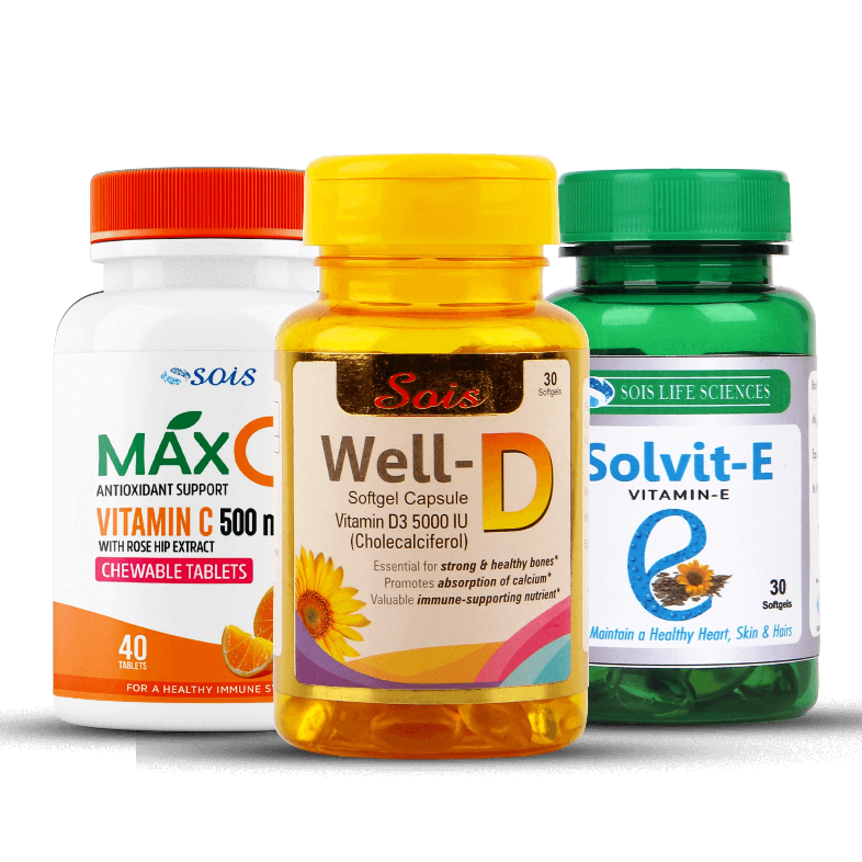 Three bottles of supplement capsules, labeled Well-D for Vitamin D and Solvit-E for Vitamin E, with the main brand TriVita visible on the packaging.