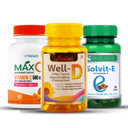 Three bottles of supplement capsules, labeled Well-D for Vitamin D and Solvit-E for Vitamin E, with the main brand TriVita visible on the packaging.