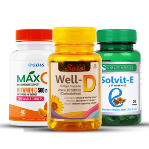 Three bottles of supplement capsules, labeled Well-D for Vitamin D and Solvit-E for Vitamin E, with the main brand TriVita visible on the packaging.