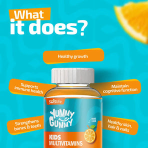 Soislife Yummy Gummy Kids Multivitamins bottle with benefits on a blue background