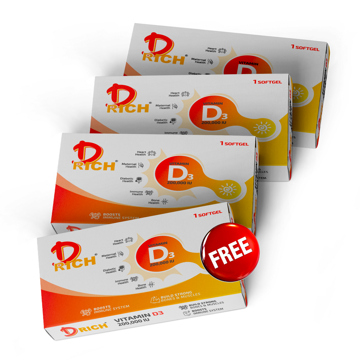 Multiple boxes of Drich Vitamin D3 on a white background