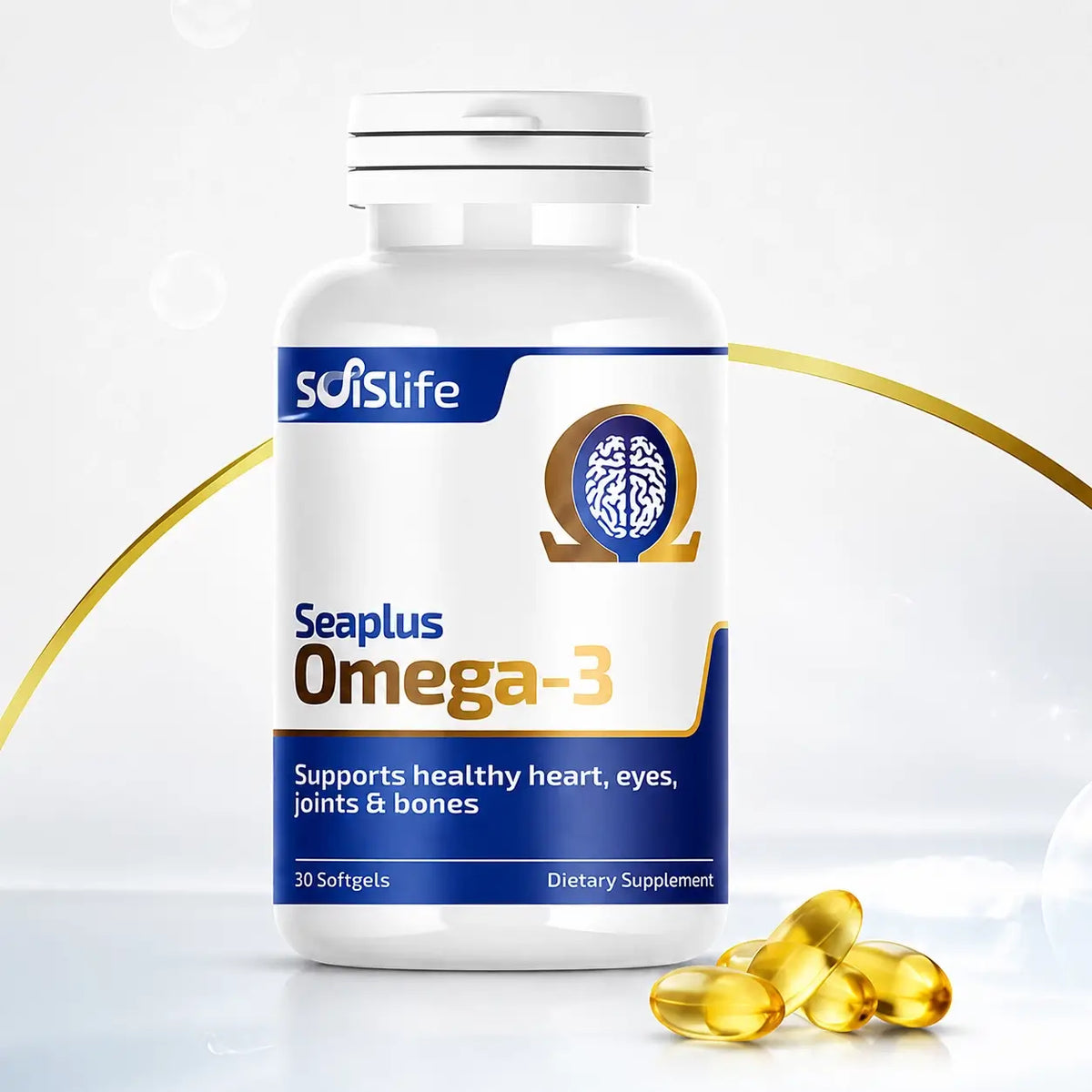 SOFISLIFE Seaplus Omega-3 dietary supplement bottle with capsules on a white background