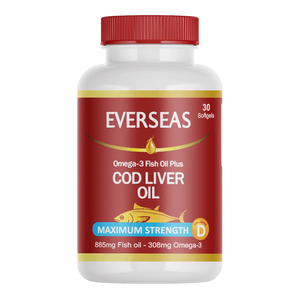 Everseas Cod Liver Oil bottle with red cap and label on a white background