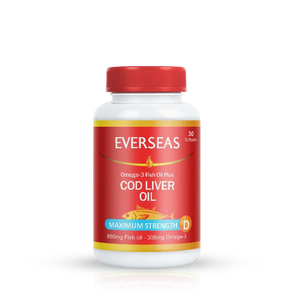 Everseas Cod Liver Oil bottle with red cap and label on a white background