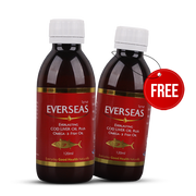 Two bottles of Everseas Cod Liver Oil Plus with a free bottle tag on a white background