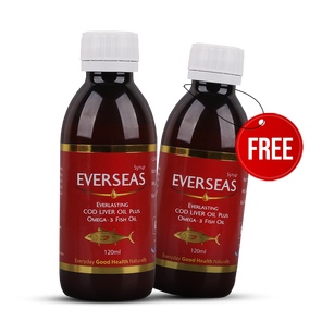 Two bottles of Everseas Cod Liver Oil Plus with a free bottle tag on a white background