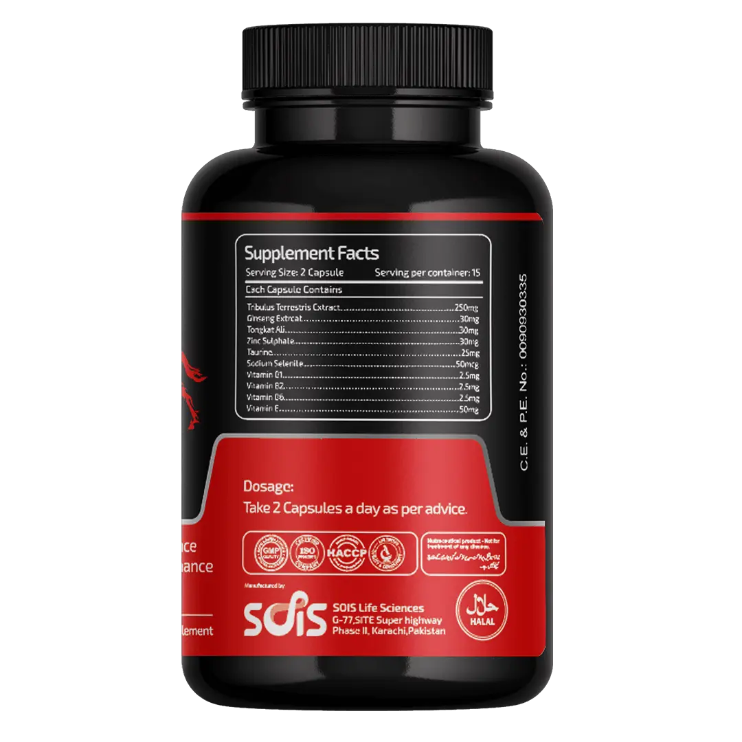 Black supplement bottle with red label on a white background