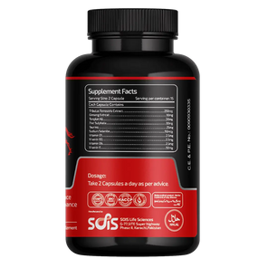 Black supplement bottle with red label on a white background