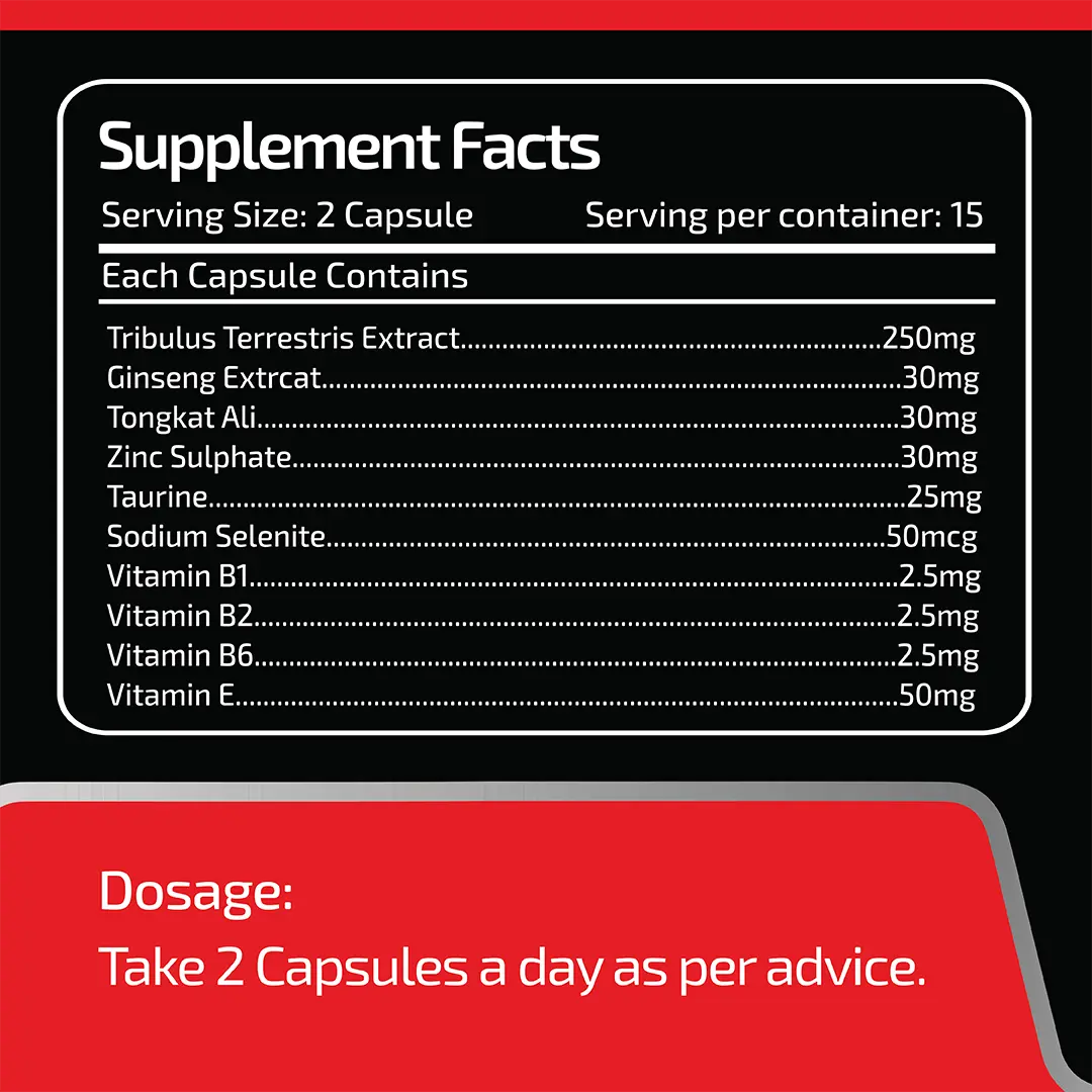 Supplement facts label with detailed ingredient list and dosage instructions on a black and red background.