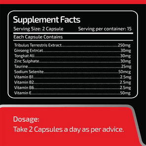 Supplement facts label with detailed ingredient list and dosage instructions on a black and red background.