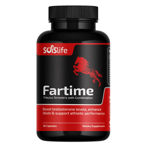 Supplement bottle labeled 'Fartime' with a black and red design on a white background