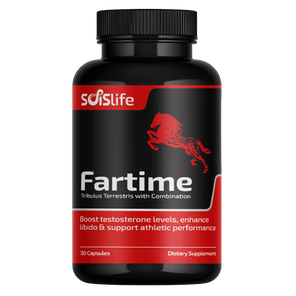 Supplement bottle labeled 'Fartime' with Soislife logo on a white background
