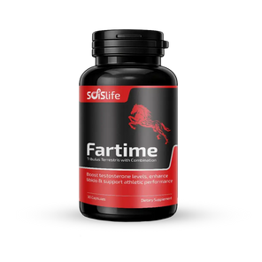 Supplement bottle labeled 'Fartime' with Soislife logo on a white background