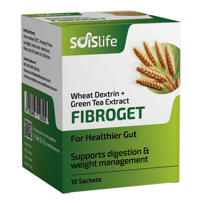 Box of soislife Fibroget with wheat dextrin and green tea extract on a white background