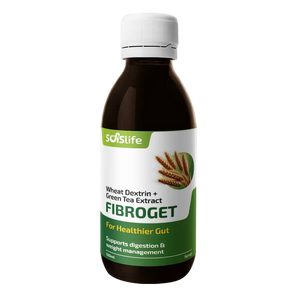 Bottle of Fibroget supplement with white cap on a white background
