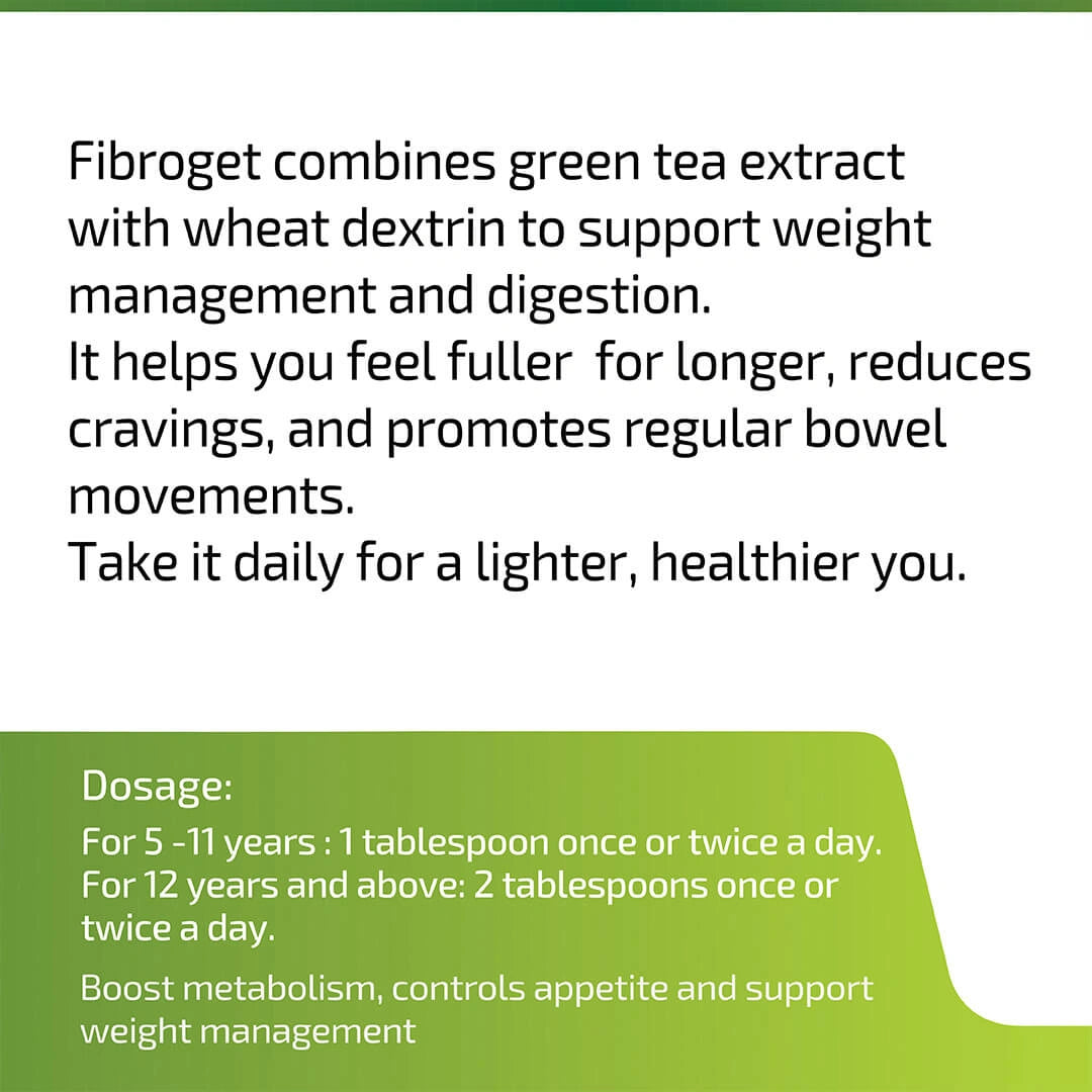 Product description card for Fibroget with text about its benefits and usage.