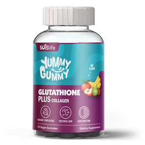 Supplement bottle labeled 'Yummy Gummy Glutathione Plus Collagen' with colorful label on a white background