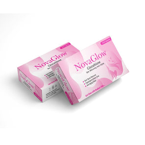 Packaging of NovaGlow Glutathione supplement, with pink and white color scheme and branding details.