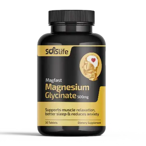 Supplement bottle labeled 'Magfast Magnesium Glycinate 500mg' by sdslife on a white background