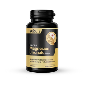 Supplement bottle labeled 'Magfast Magnesium Glycinate 500mg' by sdslife on a white background