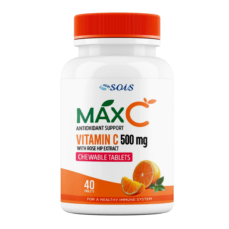 A bottle of MaxC Vitamin C 500mg chewable tablets by Sois Life Sciences with 40 chewable tablets inside. The label shows an orange cap, a depiction of a citrus fruit, and text highlighting the product's benefits for immune system support, skin health, and antioxidant properties.