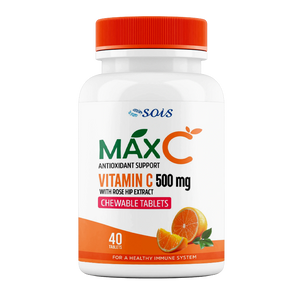 A bottle of MaxC Vitamin C 500mg chewable tablets by Sois Life Sciences with 40 chewable tablets inside. The label shows an orange cap, a depiction of a citrus fruit, and text highlighting the product's benefits for immune system support, skin health, and antioxidant properties.