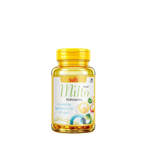 Multivitamin bottle labeled 'Milto' on a white background