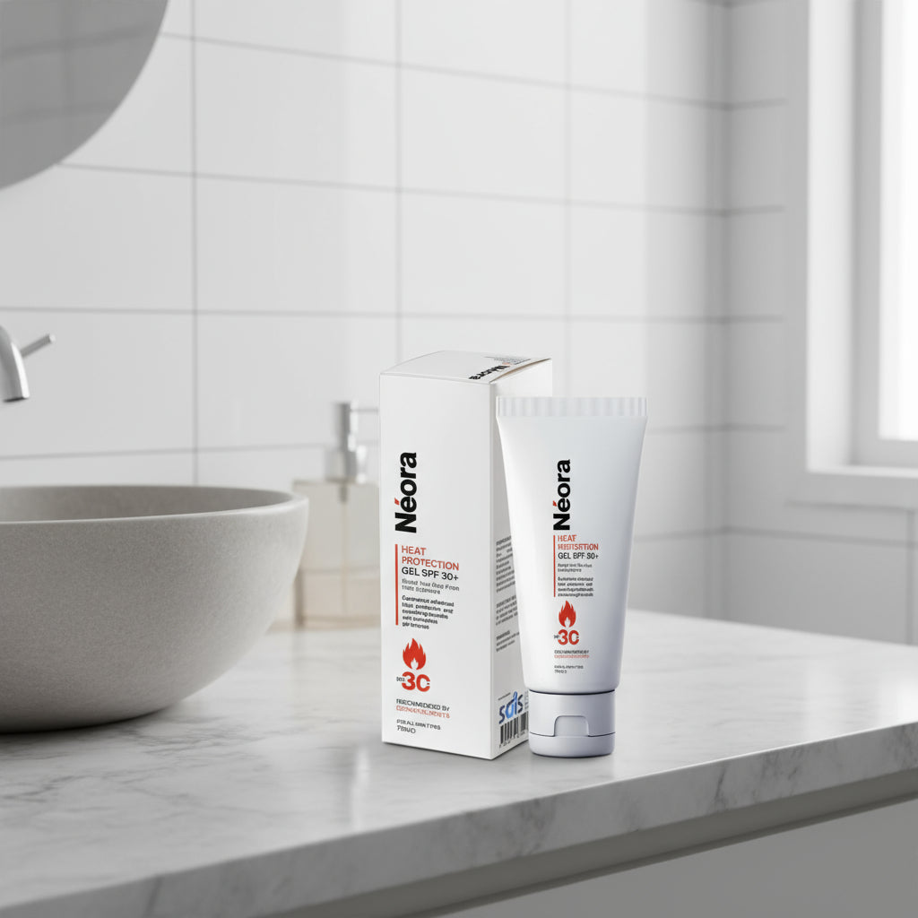 Neora heat protection gel SPF 30 with packaging on a white background