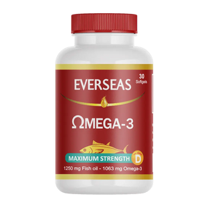 Everseas Omega-3 supplement bottle with red cap and label on a white background