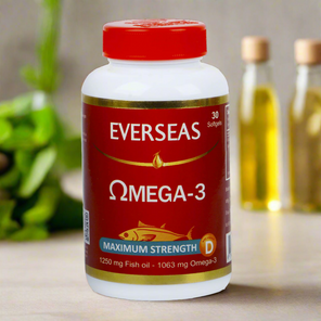 A bottle of Everseas Omega-3 Maximum Strength Softgels with a red label indicating 1200 mg fish oil and 1063 mg Omega-3, with 30 softgels inside.