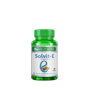 Solvit-E vitamin E supplement bottle with green cap on a white background