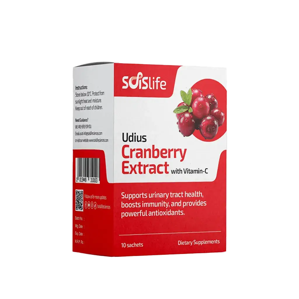 Box of Solslife Udius Cranberry Extract with Vitamin-C on a white background