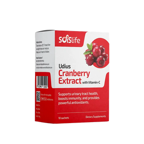 Box of Solslife Udius Cranberry Extract with Vitamin-C on a white background