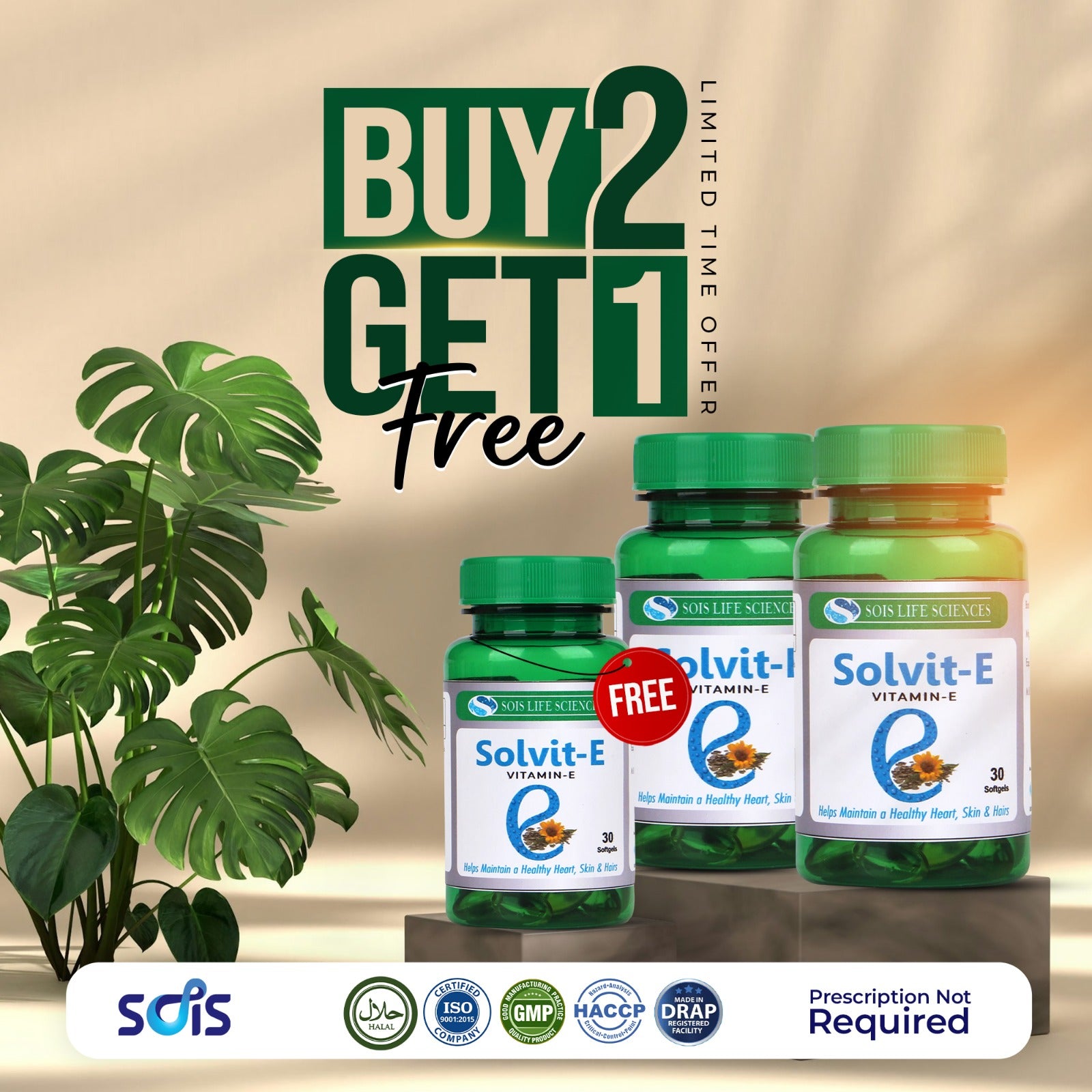 Three bottles of Solvit-E Vitamin E with a promotional offer on a neutral background