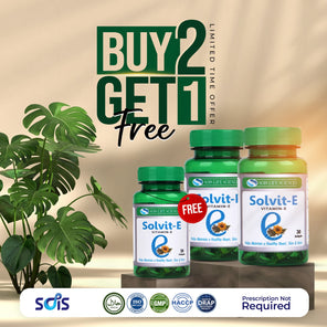 Three bottles of Solvit-E Vitamin E with a promotional offer on a neutral background