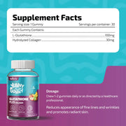 Supplement facts label for yummy Gummy Glutathione Plus Collagen gummies on a purple and blue background.